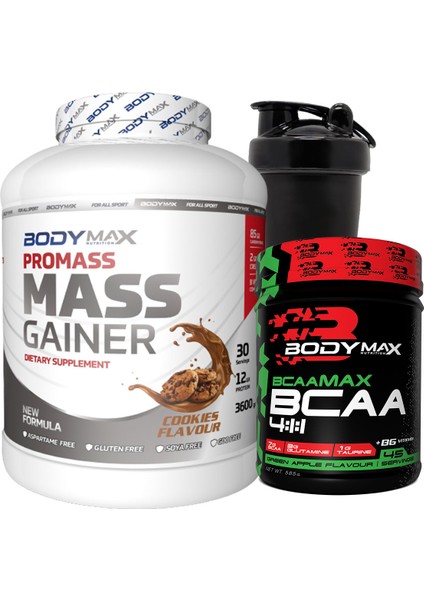 Promass Mass Gainer 3600 gr Kurabiyeli + Bcaamax Bcaa 585 gr Yeşil Elmalı + Shaker Hediyeli