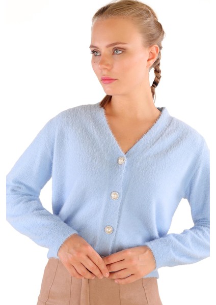 Bebe Mavi İnci Düğmeli Tüylü Kadın Crop Hırka 24170