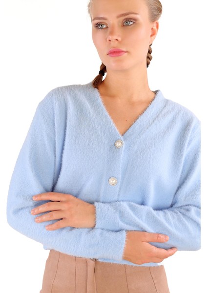 Bebe Mavi İnci Düğmeli Tüylü Kadın Crop Hırka 24170 fırsatları