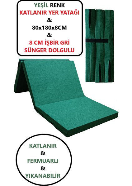 Katlanır Yer Yatağı Tek Kişilik Sünger Katlanır Yatak 80X180 cm 8 cm Gri Kalın Sünger Yeşil