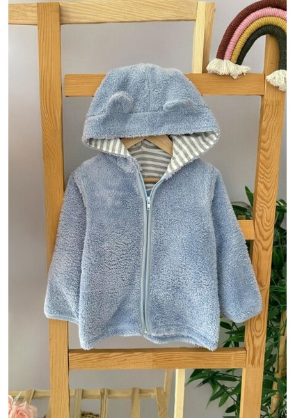 (6-24 Ay) Kulak Detaylı Kapüşonlu Peluş Unisex bebe hırka - Bebe Mavi