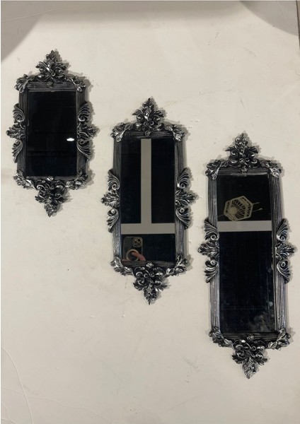 Tekno Trust Dekoratif Polyester Üçlü Dikdörtgen Ayna Takımı Gümüş Siyah Eskitme