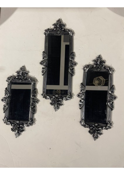Tekno Trust Dekoratif Polyester Üçlü Dikdörtgen Ayna Takımı Gümüş Siyah Eskitme