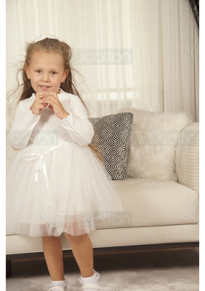 Tüllü Baskısız Düz Üst Kısım Ribana Alt Kısım Astarlı Tütü Etek Kız Çocuk Prenses Uzun Kollu Elbise