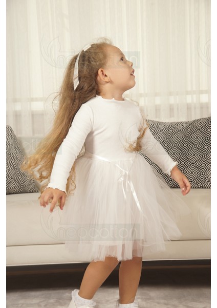 Tüllü Baskısız Düz Üst Kısım Ribana Alt Kısım Astarlı Tütü Etek Kız Çocuk Prenses Uzun Kollu Elbise indirimleri