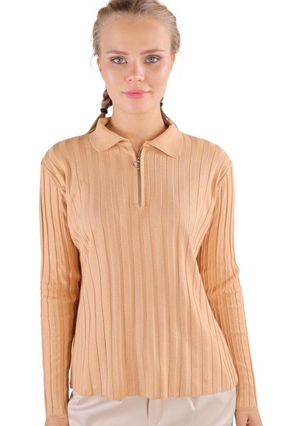 24199 Fermuar Detay Fitilli Kazak Camel