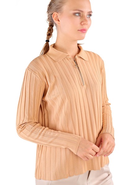 24199 Fermuar Detay Fitilli Kazak Camel fiyatları