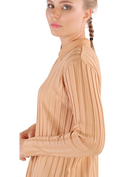 24199 Fermuar Detay Fitilli Kazak Camel modelleri