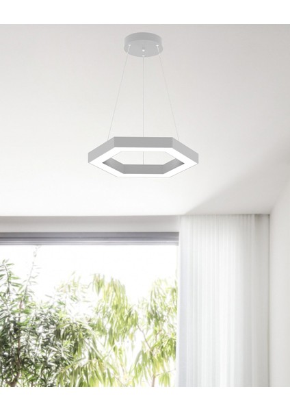 Hexagon (Gri Kasa, Doğal Beyaz) Ledli Modern Sarkıt LED Avize