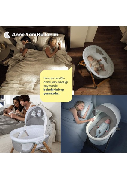 Sleeper All İn One Naturel Ahşap Sallanabilen Katlanır Tekerli Bebek Beşiği Yaprak Desenli Gri