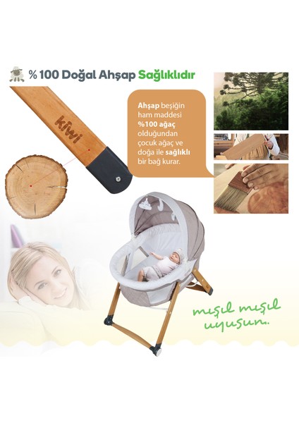 Sleeper All İn One Naturel Ahşap Sallanabilen Katlanır Tekerli Bebek Beşiği Yaprak Desenli Gri