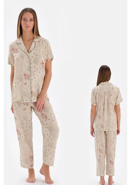 33550 Pamuklu Gömlek Yaka Önden Düğmeli Pijama Takımı Bej fiyatları