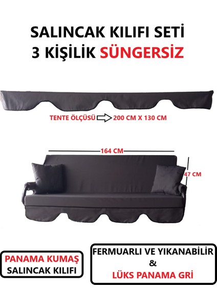 Süngersiz Tenteli Salıncak Kumaş Seti 3kişilik 164X47 cm Süngersiz Lüx Panama Gri