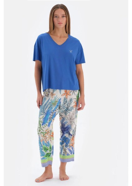 33530 Pamuklu Kısa Kollu V Yaka Kadın Pijama Takımı Saks