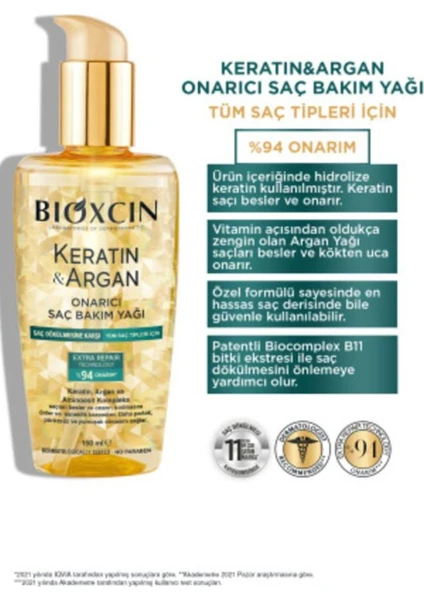 Bioxcin Keratin & Argan Onarıcı Saç Bakım Yağı 150 ml - Yıpranmış ve Hasar Görmüş Saçlar