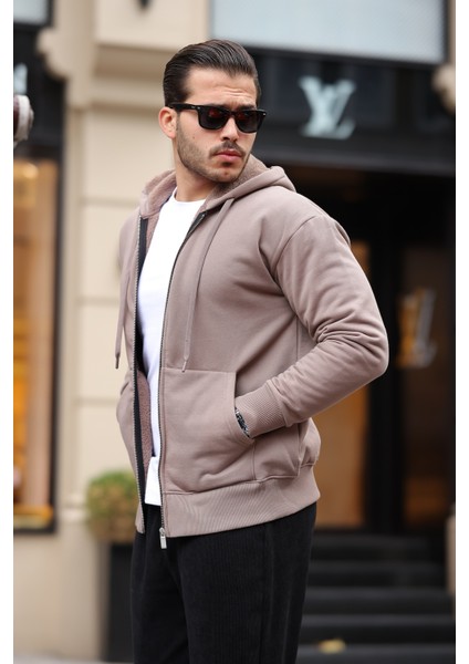İçi Peluş Üç İplik Kumaş Oversize Fermuarlı Kapüşonlu Sweatshirt- Bej fiyatları