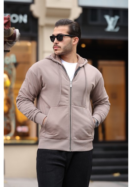 İçi Peluş Üç İplik Kumaş Oversize Fermuarlı Kapüşonlu Sweatshirt- Bej modelleri