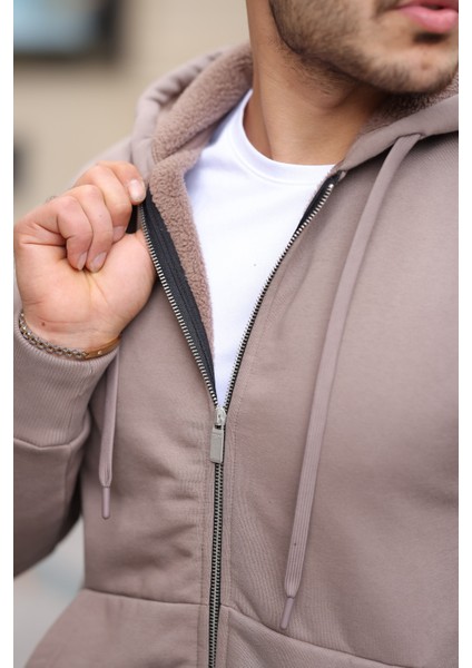 İçi Peluş Üç İplik Kumaş Oversize Fermuarlı Kapüşonlu Sweatshirt- Bej fırsatları