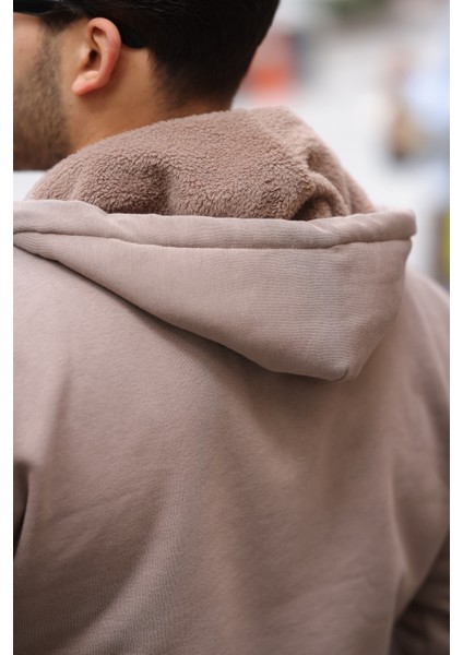 İçi Peluş Üç İplik Kumaş Oversize Fermuarlı Kapüşonlu Sweatshirt- Bej indirimleri