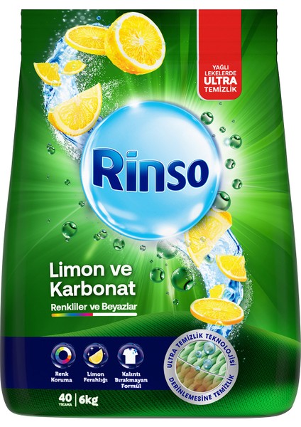 Toz Çamaşır Deterjanı Limon ve Karbonat Renkliler ve Beyazlar için Derinlemesine Temizlik 6 KG