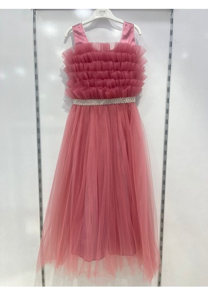 Uğurböceğiçocuk 465 Önü Fırfırlı Beli Taş Detay Kız Çocuk Abiye