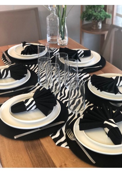 Amerikan Servis, 6 Supla,6 Peçete 6 Peçete Halkası ve Runner Zebra