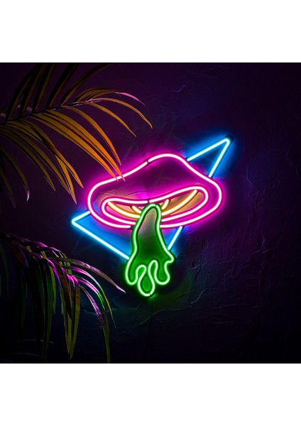 Uçan Mantar (Flying Mushroom) Neon Dekoru - Modern Metal Üzerine Neon Duvar Tabela, Süs | 58 cm x 52.5 cm