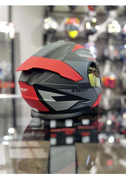 Kırmızı Siyah Çene Açılır Kask Gold Vizörlü(+1 Şeffaf Vizör)