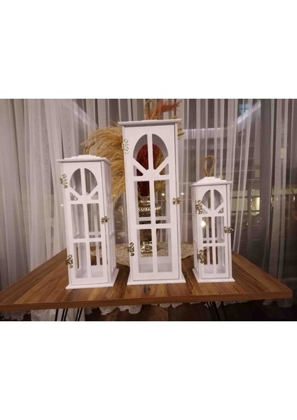 3'lü Ahşap Fener Mumluk (Beyaz) modelleri