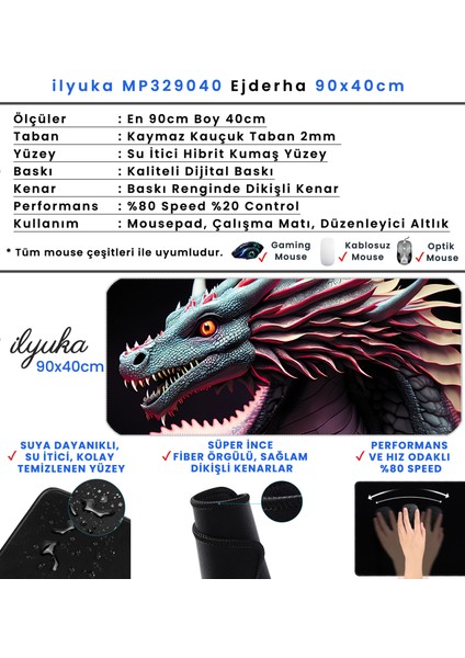 90X40 Ejderha Xxl Büyük Boy Ilyuka MP329040 Gaming Mousepad Dikişli Kenar Kaymaz Taban 90X40CM