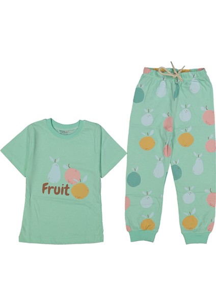 Kız Çocuk Su Yeşili Meyve Baskılı Pijama Takımı - 1013842