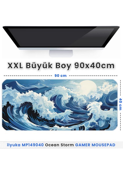 90X40 Ocean Storm Xxl Büyük Boy Ilyuka MP149040 Gaming Mousepad Dikişli Kenar Kaymaz Taban 90X40CM