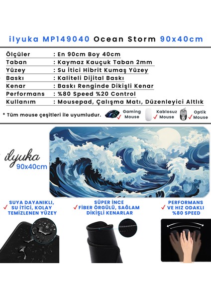 90X40 Ocean Storm Xxl Büyük Boy Ilyuka MP149040 Gaming Mousepad Dikişli Kenar Kaymaz Taban 90X40CM