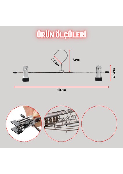 Metal Etek Pantolon Askısı Hareketli Mandallı Paslanmaz Metal Mağaza ve Ev Tipi elbise askısı 10 Adet