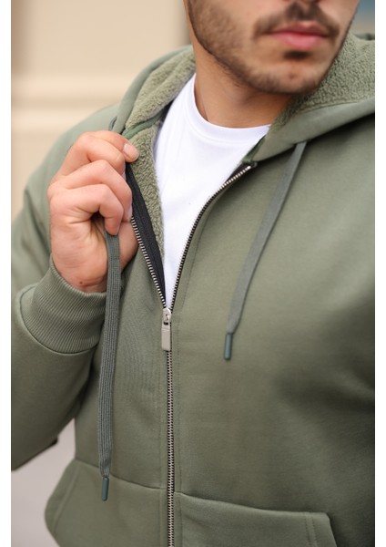 Içi Peluş Üç Ip Kumaş Oversize Fermuarlı Kapüşonlu Sweatshirt- Avcı Yeşili