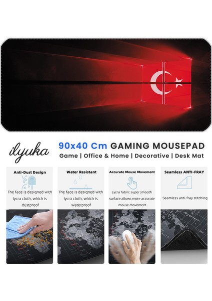 90X40 Türk Bayrağı Xxl Büyük Boy Ilyuka MP019040 Büyük Boy Gaming Mousepad Dikişli Kenar Kaymaz Taban 90X40CM fırsatları