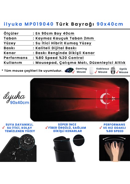 90X40 Türk Bayrağı Xxl Büyük Boy Ilyuka MP019040 Büyük Boy Gaming Mousepad Dikişli Kenar Kaymaz Taban 90X40CM indirimleri