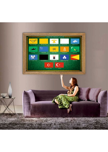 17 Büyük Türk Devletleri Bayrağı Tablo, Çerçeveli Cam Tablo 30 x 45 cm
