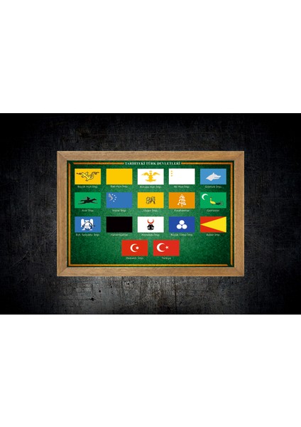 17 Büyük Türk Devletleri Bayrağı Tablo, Çerçeveli Cam Tablo 30 x 45 cm fırsatları