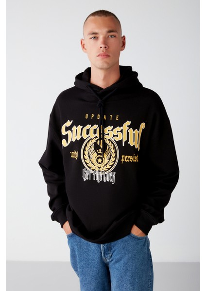Persısted Erkek Içi Polarlı Kolej Baskılı Kapüşonlu Kordonlu Siyah Sweatshirt