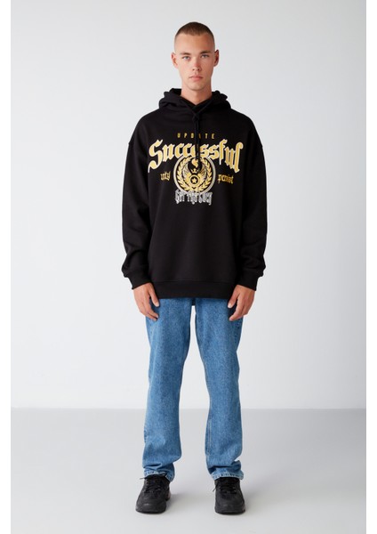 Persısted Erkek Içi Polarlı Kolej Baskılı Kapüşonlu Kordonlu Siyah Sweatshirt