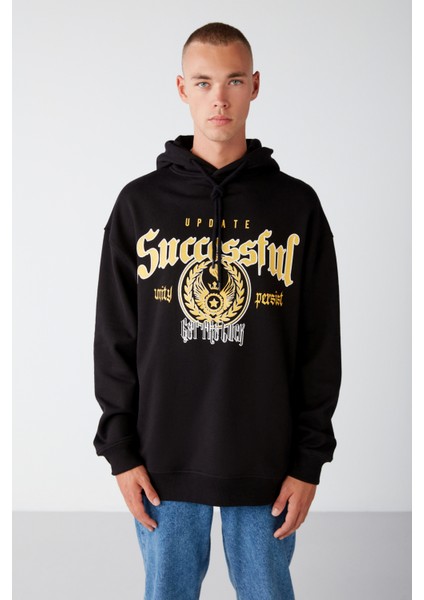 Persısted Erkek Içi Polarlı Kolej Baskılı Kapüşonlu Kordonlu Siyah Sweatshirt