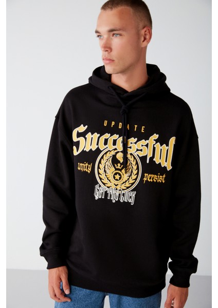 Persısted Erkek Içi Polarlı Kolej Baskılı Kapüşonlu Kordonlu Siyah Sweatshirt