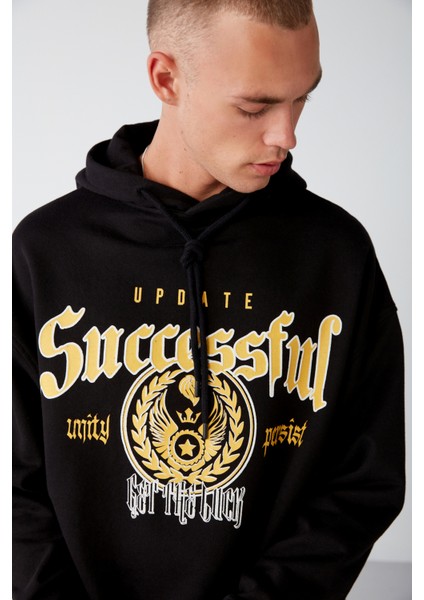 Persısted Erkek Içi Polarlı Kolej Baskılı Kapüşonlu Kordonlu Siyah Sweatshirt