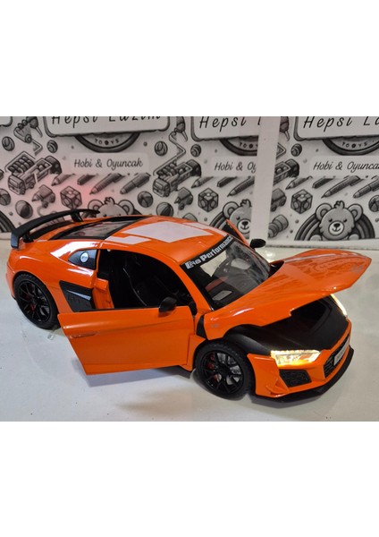 1:24 Ölçek Model Diecast Araç Audi R8 Performance Modifiyeli Metal Oyuncak Spor Araba 20 cm Işık ve Sesli