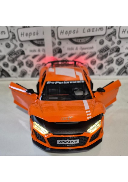 1:24 Ölçek Model Diecast Araç Audi R8 Performance Modifiyeli Metal Oyuncak Spor Araba 20 cm Işık ve Sesli