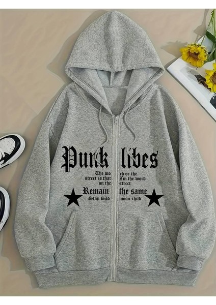 Punk Libes Baskılı Oversize Fermuarlı Gri Kapüşonlu Hırka