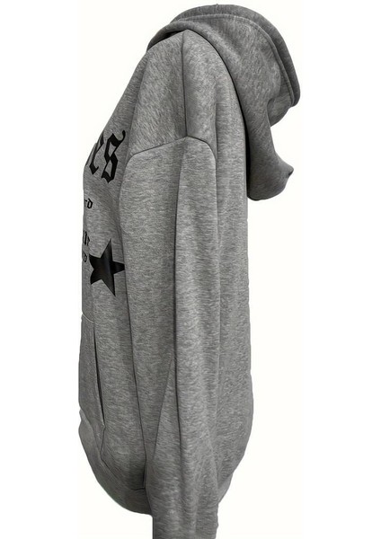 Punk Libes Baskılı Oversize Fermuarlı Gri Kapüşonlu Hırka