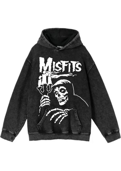 Yıkamalı Kumaş Rock Serisi Misfits Kapüşonlu Hoodie Sweatshirt
