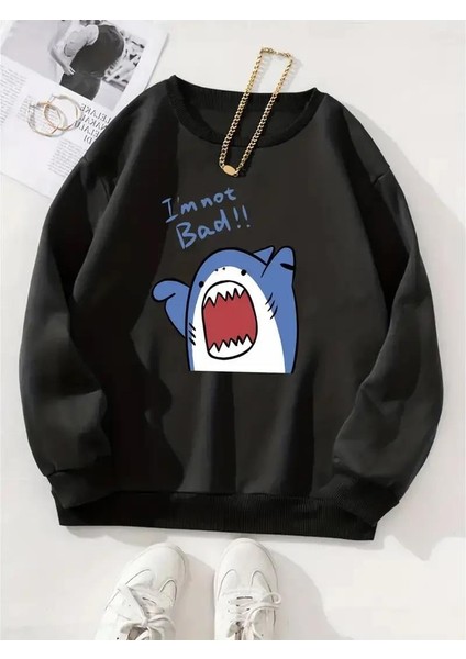 Shark Baskılı Siyah Oversize Bisiklet Yaka Sweatshirt
